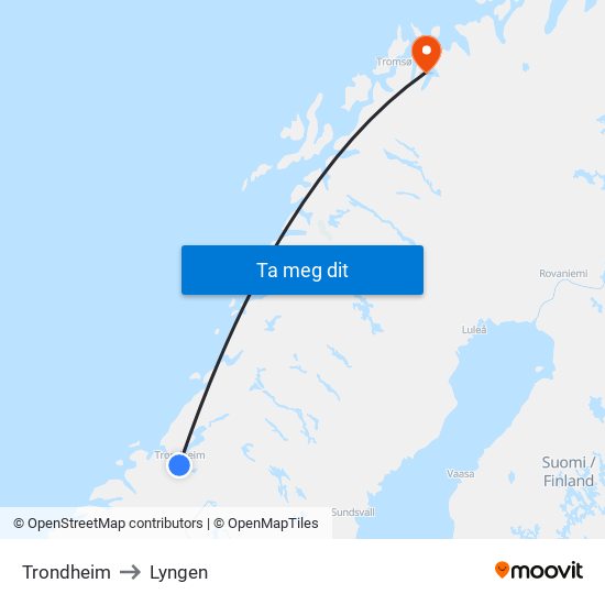 Trondheim to Lyngen map
