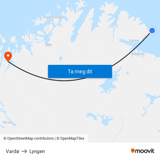 Vardø to Lyngen map