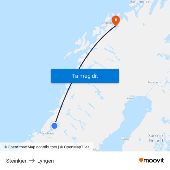 Steinkjer to Lyngen map