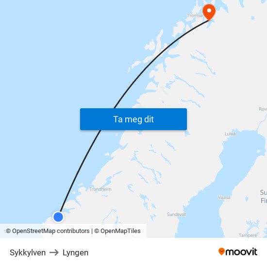 Sykkylven to Lyngen map