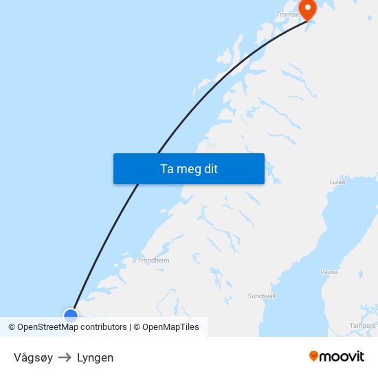 Vågsøy to Lyngen map