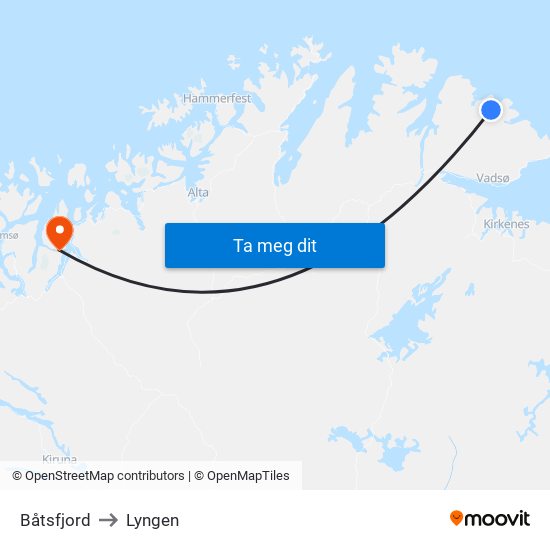 Båtsfjord to Lyngen map