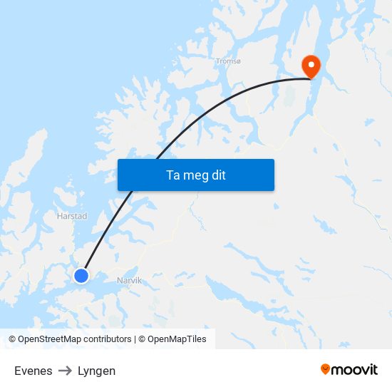 Evenes to Lyngen map