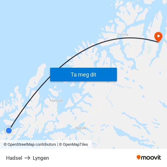 Hadsel to Lyngen map