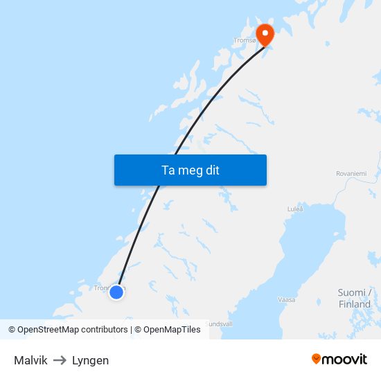 Malvik to Lyngen map