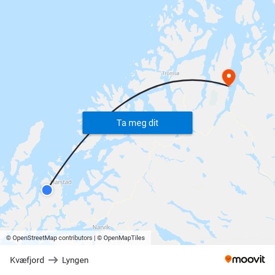 Kvæfjord to Lyngen map