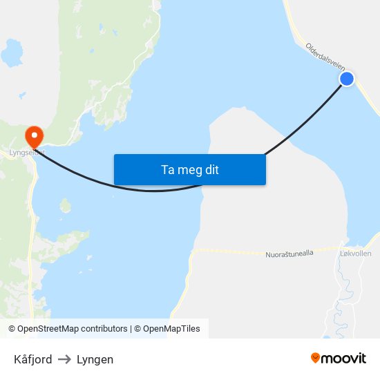 Kåfjord to Lyngen map