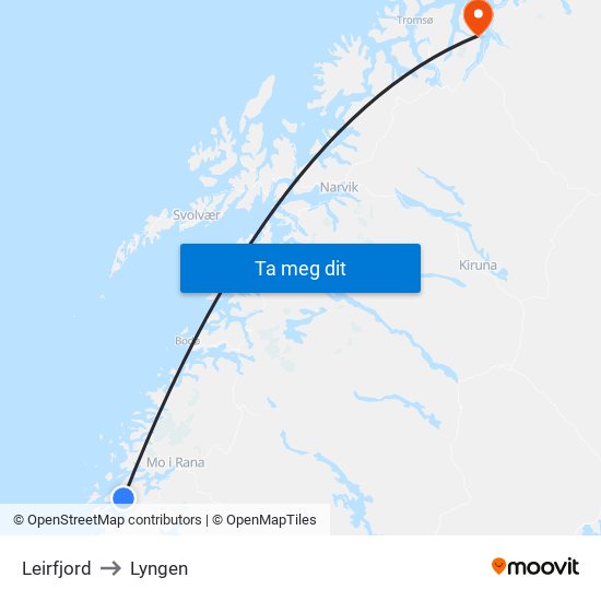 Leirfjord to Lyngen map