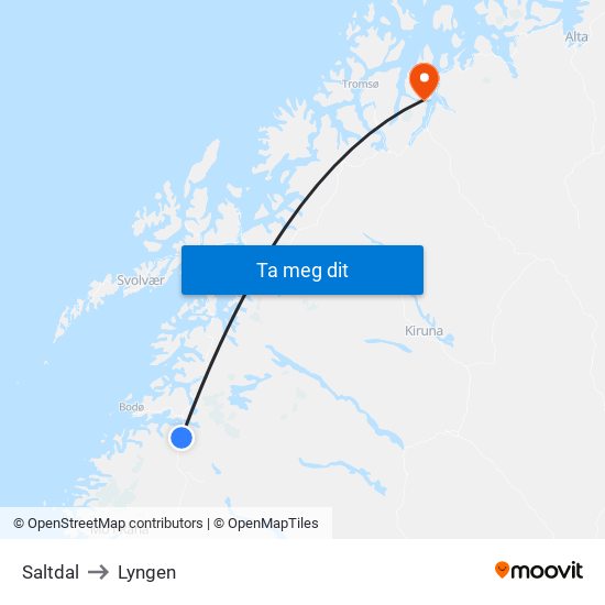 Saltdal to Lyngen map