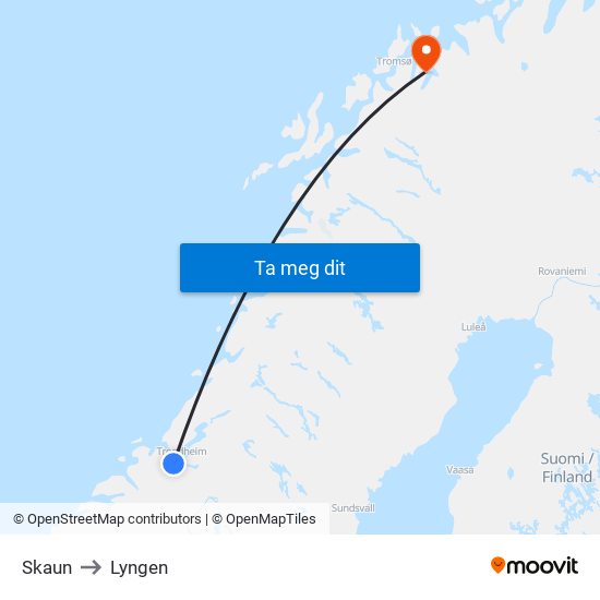 Skaun to Lyngen map