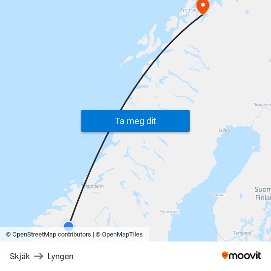 Skjåk to Lyngen map