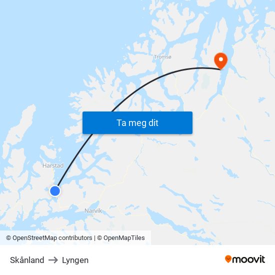 Skånland to Lyngen map