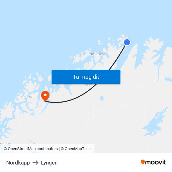 Nordkapp to Lyngen map