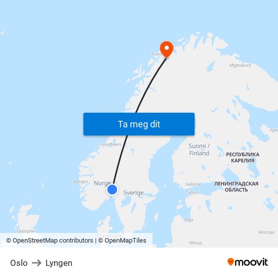 Oslo to Lyngen map