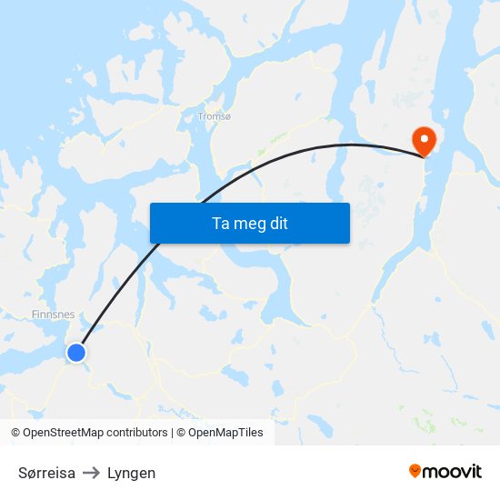 Sørreisa to Lyngen map