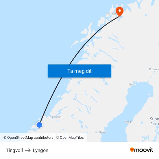 Tingvoll to Lyngen map