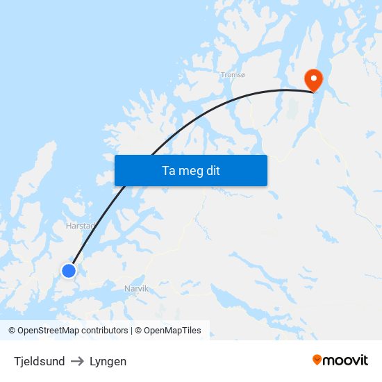 Tjeldsund to Lyngen map