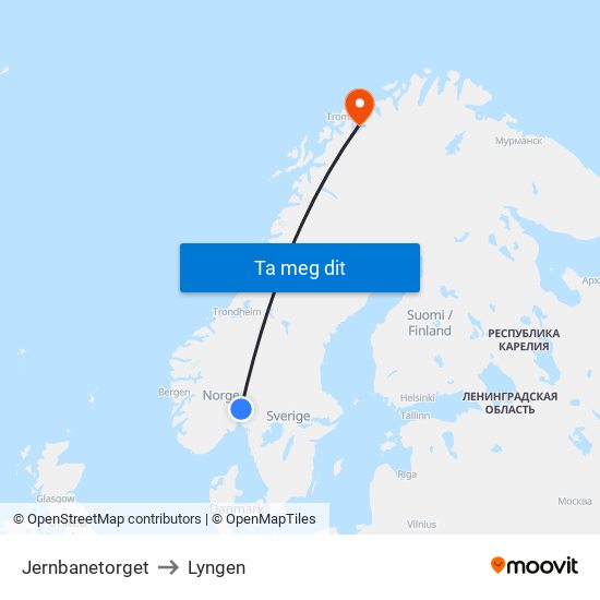 Jernbanetorget to Lyngen map