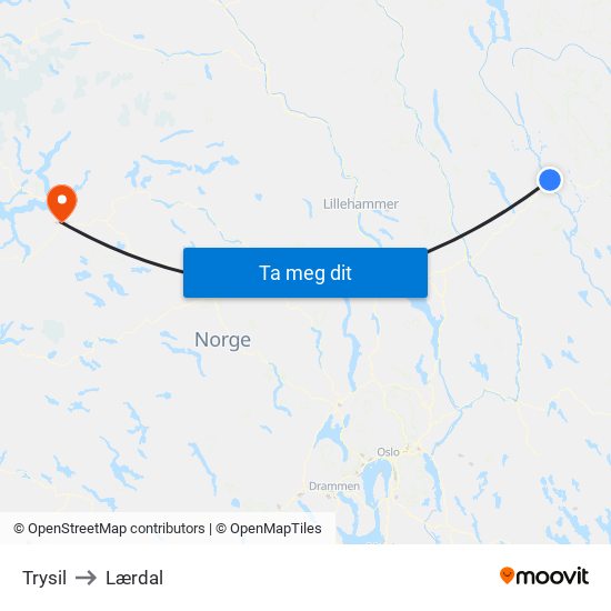 Trysil to Lærdal map