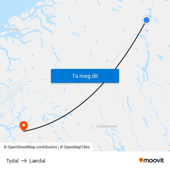 Tydal to Lærdal map