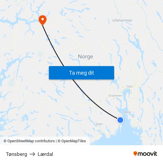 Tønsberg to Lærdal map