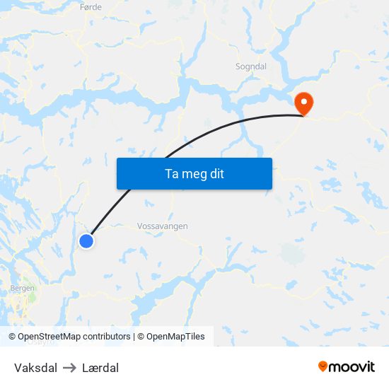 Vaksdal to Lærdal map