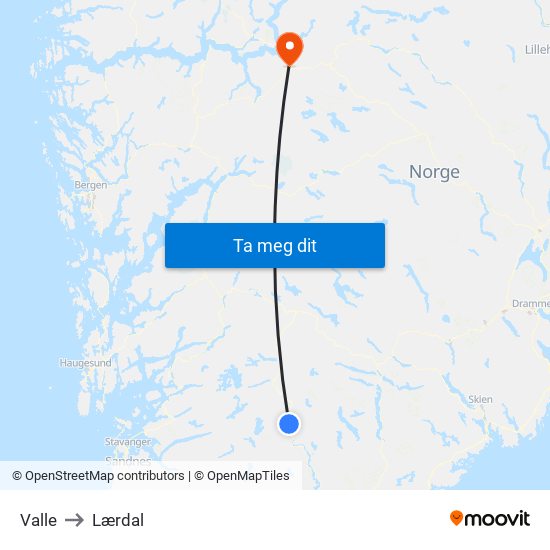 Valle to Lærdal map
