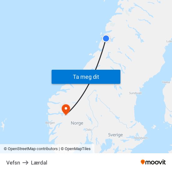 Vefsn to Lærdal map