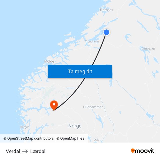 Verdal to Lærdal map