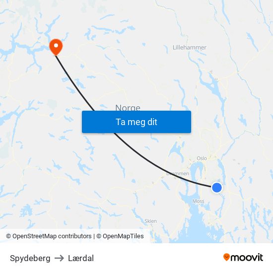 Spydeberg to Lærdal map