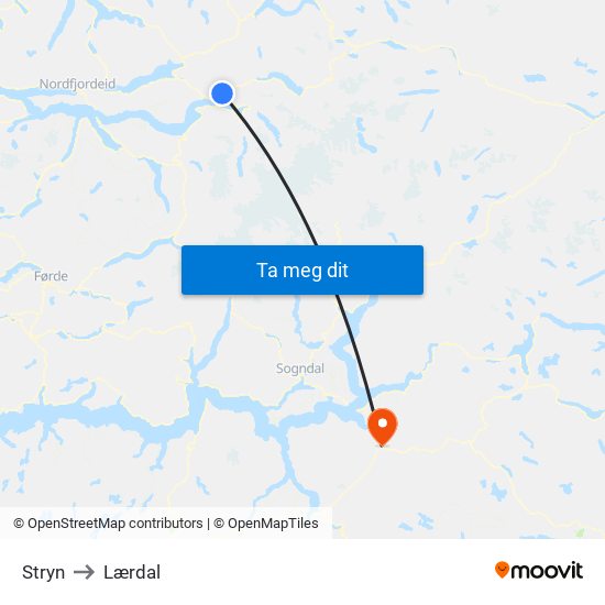Stryn to Lærdal map