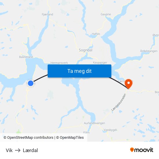 Vik to Lærdal map