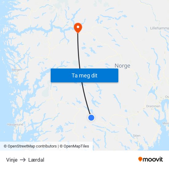 Vinje to Lærdal map