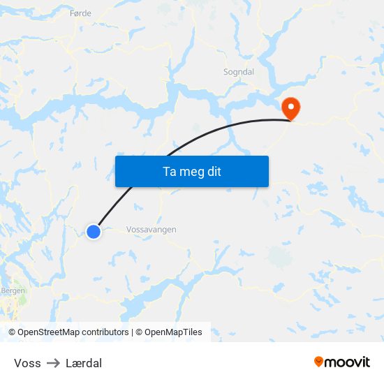 Voss to Lærdal map
