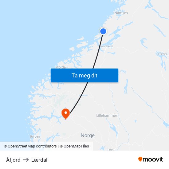 Åfjord to Lærdal map