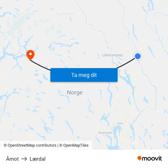 Åmot to Lærdal map