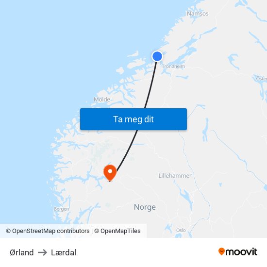 Ørland to Lærdal map