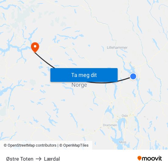Østre Toten to Lærdal map