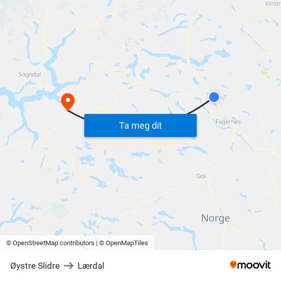 Øystre Slidre to Lærdal map