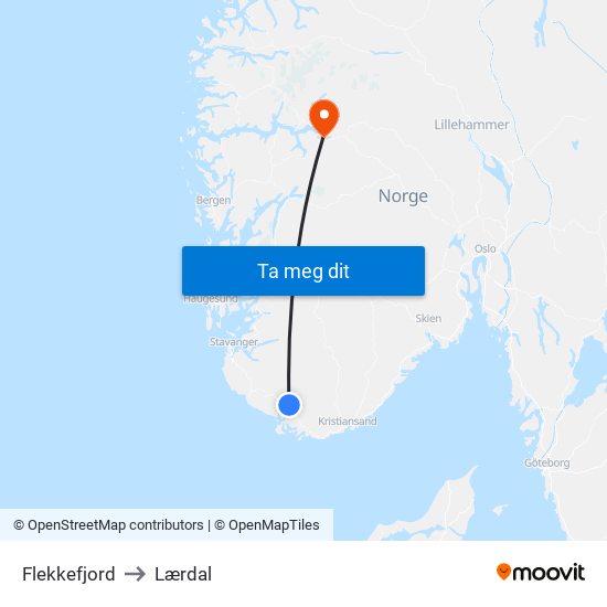 Flekkefjord to Lærdal map