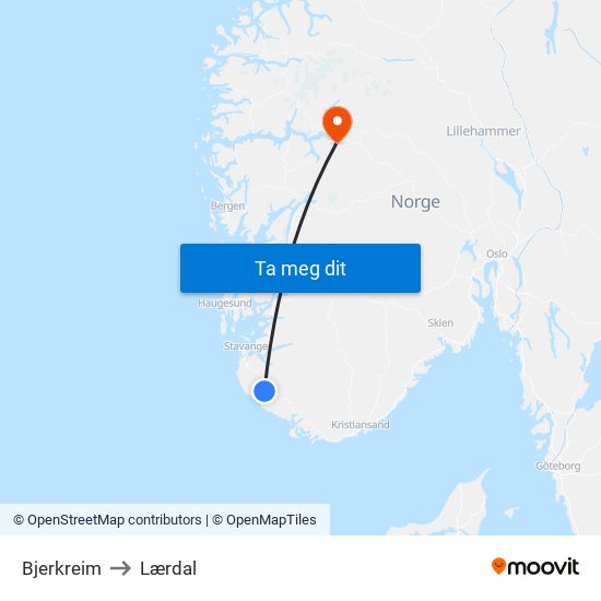 Bjerkreim to Lærdal map
