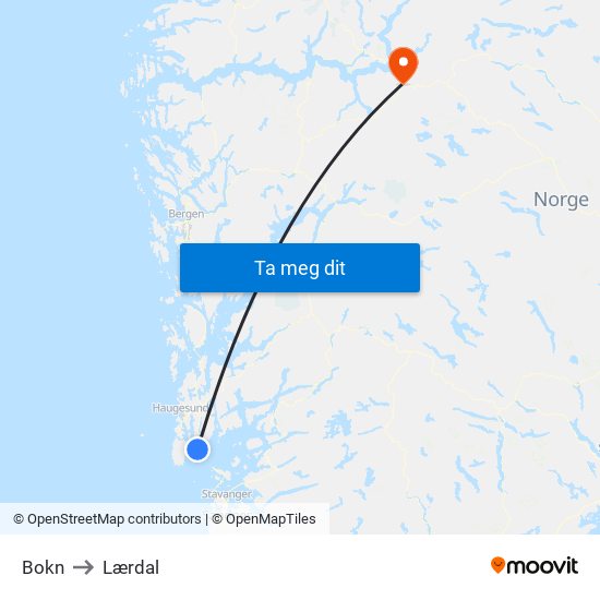 Bokn to Lærdal map