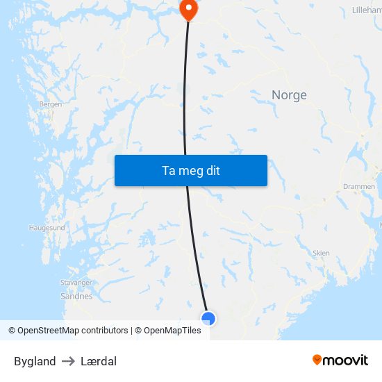 Bygland to Lærdal map