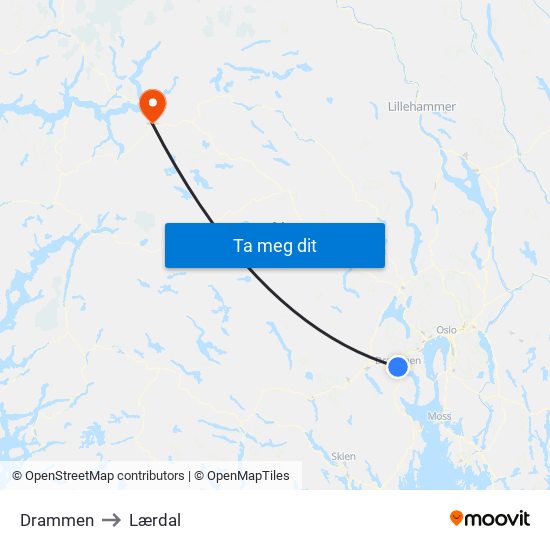 Drammen to Lærdal map