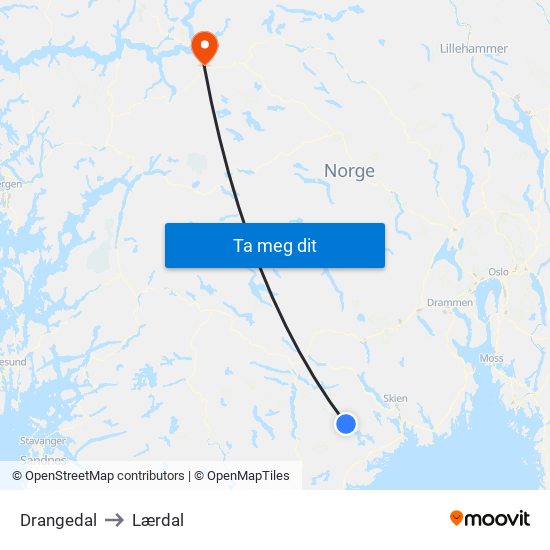 Drangedal to Lærdal map