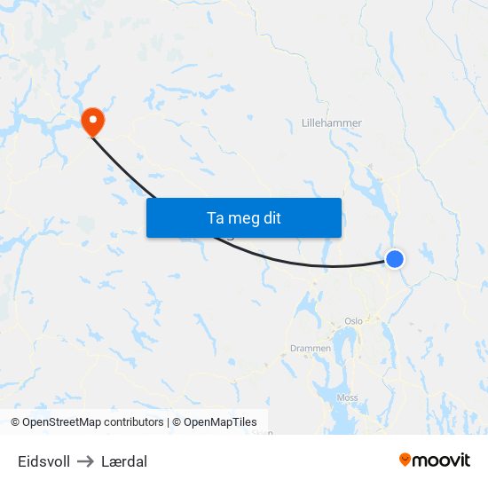 Eidsvoll to Lærdal map