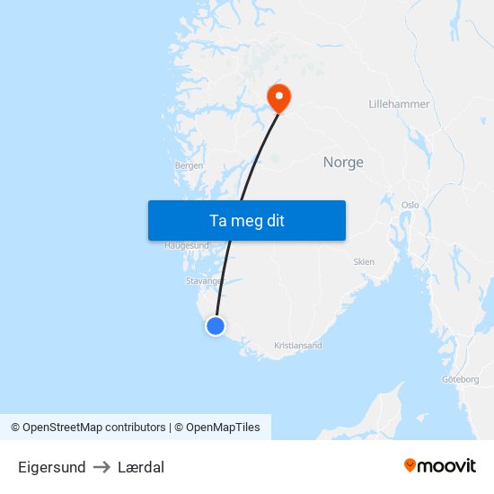 Eigersund to Lærdal map