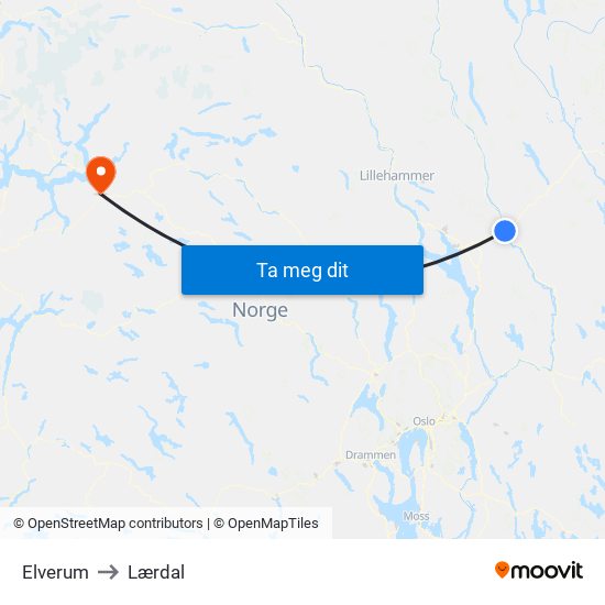 Elverum to Lærdal map