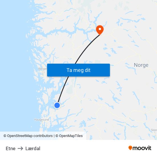 Etne to Lærdal map