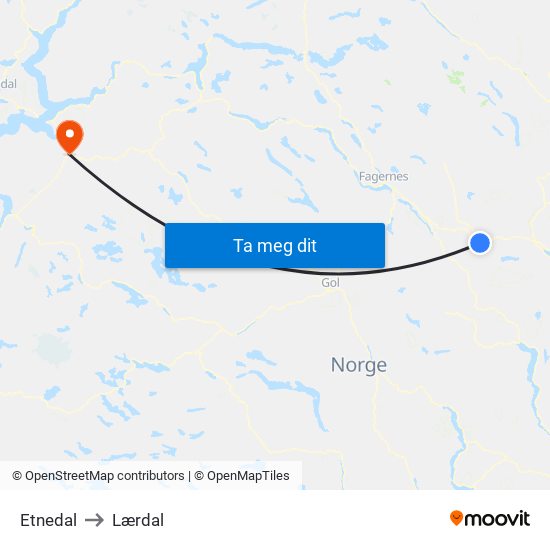 Etnedal to Lærdal map